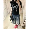 Shorts Jeans Azuis de Cintura Alta Estilo Retrô Americano para Mulheres, Shorts de Comprimento Médio de Verão para Figuras Baixas, Estilo Bf Solto, Calças de Pernas Largas com Vibe Relaxada