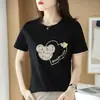 Camiseta estampada com Mickey e coração, gola redonda, preto e branco, algodão mercerizado coreano, modelagem slim, para o trabalho, primavera e verão, nova, manga curta feminina