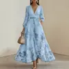 Vestido de Fiesta Popular de Manga Larga Estampado para Mujer, Exportación Europea y Americana 2025, Falda Elegante de Media Longitud con Cuello en V para Mujer