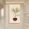 Pintura Decorativa de Entrada Estilo Crema Planta Verde Hidropónica Textura de Arenisca Estéreo Pintura Colgante de Pared de Fondo para Sala de Estar Luminosa LED