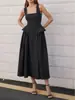Vestido de noche negro de longitud media para mujer con escote cuadrado, color liso sencillo, elegante para banquetes, estilo europeo y americano, entallado a la cintura y adelgazante