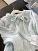 Suéter Azul de Punto para Mujer, Estilo Coreano, Parches de Encaje, Falso Dos Piezas, Lazo, Otoño Invierno, Personalizado de Fábrica