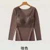 Outono Inverno Renda Decote V Manga Longa Feminino Sem Costura com Bojo Modelador Slim Fit Aquecimento Térmico Camisa Top Base para Usar por Baixo