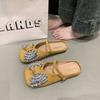 Sapatos Mary Jane com Laço de Strass Femininos 2025 Verão Novo Solado Macio Chinelos Baotou Sapatos de Camada Única de Bico Fino