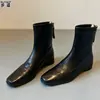 Em estoque~ Zíper traseiro em couro genuíno salto grosso elástico slim botas bico quadrado Chelsea boots salto grosso para o trabalho botas curtas marrons para mulheres