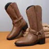 Botas de cowboy occidentales vintage transfronterizas, hebilla de cinturón bordada para hombre, botas de montar hasta la pantorrilla, tacón cuadrado, botas de trabajo de moda, botas de motocicleta