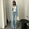 Jeans de guadaña lavados retro americanos para mujer, nuevo estilo de otoño, de cintura alta, holgados, de pierna recta, de pierna ancha, pantalones de guadaña hasta el suelo
