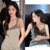 Estilo Yang Chaouchao Mismo Estilo Camisola Gris de Cuello V Chaleco Tejido Ropa Exterior Top Sexy Delgado Sin Mangas Pulóver de Verano para Mujer