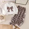 Comércio Exterior Transfronteiriço Primavera e Outono Novo Moletom com Capuz Estampa de Leopardo Manga Longa Laço Calça Reta Estampa de Leopardo Casual Solta Fábrica de Origem