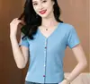Camiseta Popular com Decote V e Manga Curta para Mulheres, Lançamento ao Vivo Dropshipping, Top Colorido com Botões Slim-Fit Verão 2026