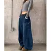 Pantalones de Pierna Ancha con Diseño Bordado Otoño Nuevo para Mujer Azules de Cintura Alta Bolsillos Grandes Laterales Jeans Versátiles Adelgazantes