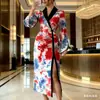 Vestido Novo Temu Amazon Transfronteiriço com Toque de Luxo, Decote V, Emagrecedor, Estampa Elegante, Fenda, Vestido de Verão Sexy para Mulheres