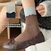 Calcetines de otoño para mujer de algodón puro con volantes de color contrastante sin costuras hasta la mitad de la pantorrilla en diseño de ballet estilo Miu, adecuados para zapatos Birkenstock