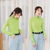Celebridad de Internet Color Caramelo Malla Perspectiva Manga Larga Camiseta Base para Mujer Nueva Combinación Total Color Sólido Holgada Estilo Puño Dobladillo