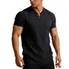 Camiseta de Manga Corta para Hombre de Estilo Chino de Verano, Cuello en V, Algodón y Lino, para Hombres Jóvenes, Delgada, Ajustada, Color Sólido, Pulóver de Dos Botones para Hombre