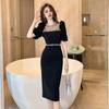 2026 Nuevo Estilo de Verano Vestido Negro Ajustado con Malla Transparente y Mangas Abullonadas, Adornado con Pedrería, Estilo Francés, Resistente 50106
