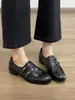 Versão em estoque~Mocassins retro franceses de salto grosso, sapatos slip-on outono 2026 com fivela preta estilo old money