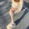 Calcetines de Lana de Cordero para Otoño e Invierno con Borde Trenzado para Pantorrilla, Adelgazantes, con Patrón Vertical, de Longitud Media, Suaves, Lindos