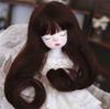 Peluca de muñeca BJD de 6 puntas, cubierta para la cabeza, cabello falso, imitación de seda color leche, cabello castaño oscuro largo y rizado, cubierta para el cabello de muñeca de tela pequeña.
