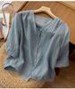 Top de Algodón de Manga Tres Cuartos, Camisa Fina Transpirable para Otoño, Estilo Vintage para Primavera y Verano, Top Corto de Cuello en V Talla Grande