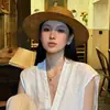 Sombrero de Paja Retro de Ala Plana Estilo Old Money para Mujer, Sombrero de Sol de Playa de Verano, Sombrero con Protección Solar, Fedora de Paja