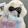 Deseo Puro Chica Caliente Sexy Club Nocturno Lentejuelas Brillantes Camisola Corta Ombliguera Ropa Exterior para Mujer Top sin Mangas