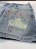 Hme Shorts de Mezclilla de Verano para Hombre Estilo Europeo y Americano Moda Retro Tendencia Marca Elástico Corte Delgado Estampado de Salpicaduras de Tinta Shorts de 5 Puntos Transfronterizo