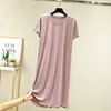 Vestido Largo Holgado para Mujer, Nuevo Estilo de Verano, Cuello Redondo, Tallas Grandes, Vestido de Manga Corta, Camisón Delgado, Vestido de Seda de Hielo de Longitud Media con Abertura