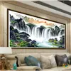 Pintura de Paisaje para Sala de Estar Punto de Cruz Amanecer Versión de Riqueza Oficina Promotor de Riqueza Flujo de Riqueza Montaña y Agua Bordado