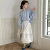 Conjunto de Falda para Niñas Primavera y Otoño 2026 Estilo Coreano para Niños Mayores, Conjunto de Camisa a Cuadros Azul y Blanco con Falda Larga Floral, Moderno