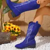 Botas de Cavaleiro Femininas com Salto Quadrado, Novas Botas Longas Bordadas de Grande Tamanho para Venda por Atacado Transfronteiriça, Desejo Comércio Exterior Outono e Inverno Bico Fino Estilo Europeu e Americano