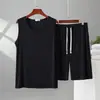 Conjunto de Verano de Modal para Hombre: Camiseta sin Mangas Redonda Oversized y Shorts con Bolsillos y Cordón