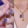Sentido del Diseño Hebilla de Oreja de Cristal Cuadrado Diamante Púrpura Nicho de Alta Gama Lujo Ligero Versátil Pendientes de Borla Pendientes Elegantes