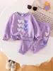 Conjunto de Invierno Otoño para Bebé Niña con Felpa Interior Estampado de Corazones Morado Taro Sudadera con Capucha Pantalones Deportivos Conjunto Cálido de Dos Piezas para Niña Pequeña