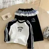 Conjunto de Roupa Duas Peças para Meninas Estilo Coreano Primavera e Outono, Jaqueta de Algodão Estampada Color-Blocking Preto e Branco + Calça Longa Tendência