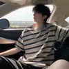 Camiseta a Rayas Blancas y Negras de Manga Corta Marca de Moda Americana para Hombre Verano Estudiante Versátil Camisa de Media Manga Top Casual Holgado Negro