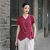 Roupas Femininas de Algodão e Linho Verão 2025 Novo Design Camiseta de Manga Curta Feminina Nova Chinoiserie Cânhamo Decote V Elegante Top com Efeito Emagrecedor