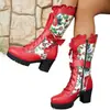Botas de mujer de talla grande transfronterizas europeas y americanas, blancas con bordado floral colorido, botas de media pantorrilla, con cordones y tacones gruesos, estilo western