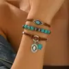 Joia Cruzada Europeia e Americana Retro Imitação de Turquesa Liga de Metal Chapéu de Cowboy Pulseira Trançada com Contas Joia de Mão Conjunto de Várias Peças para Mulheres