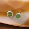 Pendientes de Tachuela de Plata S925 con Cabujón de Jaspe Verde Vintage y Diamantes para Mujer Jade de Alta Gama Nuevos Accesorios para Orejas 2025