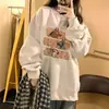 Moletom feminino com gola redonda para baixinhas, outono e inverno, forrado com fleece, corte solto, design único, estilo retro americano, blusa pullover cinza, moderno