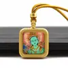Colgante Mini Thangka Cuadrado con Chispas Doradas, Cinco Budas, Dios Amarillo de la Riqueza, Vida Pasada y Presente, Collar con Colgante Thangka de Tara Verde