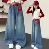 Jeans Larga Estilo Coreano para Meninas Primavera e Outono 2026 Nova Moda Tendência Casual Calças Retas para Crianças Maiores