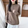 Suéter feminino de lã 100% pura, gola semiaberta, top casual, outono e inverno 2026, malha de manga longa, base