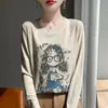 Suéter de punto fino de cuello redondo de manga larga transfronterizo nuevo para mujer 2025 principios de otoño, estampado de chica, suéter holgado, camiseta de capa base