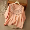 Top de lino estilo chino para mujer 2026 Verano Nuevo Bordado Pesado Bordado Manga Corta Holgado Artístico Manga Media Camisa para Mujer