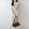 Vestido de malha 100% lã feminina, nova moda outono e inverno, casual, modelador, gola alta, acima do joelho, vestido extra longo