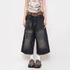 Jeans Feminino Cropped de Perna Larga, Novo Estilo de Verão, Shorts Reto Solto Vintage Lavado Retro Americano Unissex, Tendência