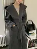 Abrigo de lana y cachemira con capucha, doble cara, para mujer, de longitud media, nuevo estilo otoño/invierno, diseño coreano, alta gama, corte holgado, abrigo de lana estilo chal