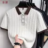 Camiseta masculina jacquard de manga curta com blocos de cor, gola virada, malha torcida, cor sólida, manga curta, top, camisa masculina de manga curta para negócios casuais
